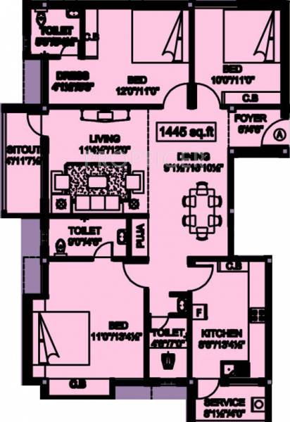 Vignesh Flats Anishka Floor Plan (3BHK+3T (1,445 sq ft) 1445 sq ft)