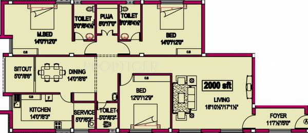 Vignesh Flats Arudhra Floor Plan (3BHK+3T (2,000 sq ft) 2000 sq ft)