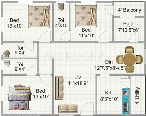 KR Geethanjali Grand (3BHK+3T (1,430 sq ft) 1430 sq ft)