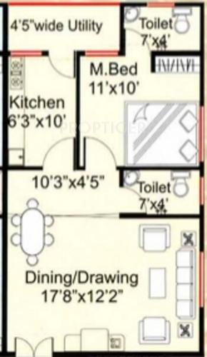 Ajantha Hightech Vyshnavi Enclave Floor Plan (1BHK+1T (740 sq ft) 740 sq ft)