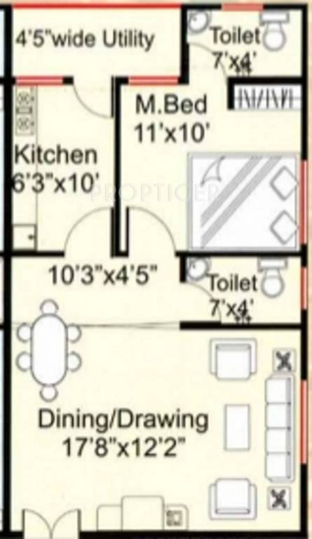 Ajantha Hightech Vyshnavi Enclave Floor Plan (1BHK+1T (740 sq ft) 740 sq ft)