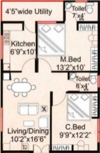 Ajantha Hightech Vyshnavi Enclave Floor Plan (2BHK+2T (845 sq ft) 845 sq ft)