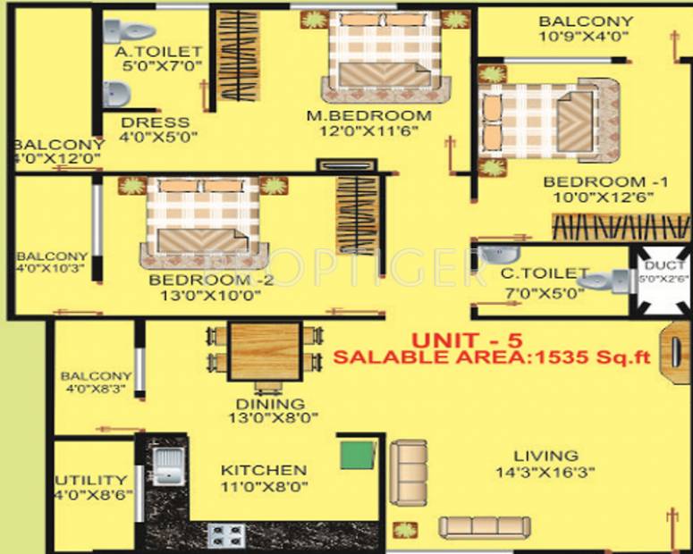 i1 SS Elizaa Floor Plan (3BHK+2T (1,535 sq ft) 1535 sq ft)