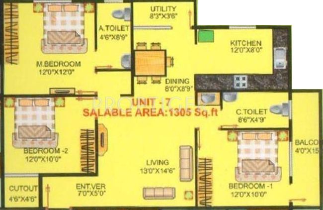 i1 SS Elizaa Floor Plan (3BHK+2T (1,305 sq ft) 1305 sq ft)