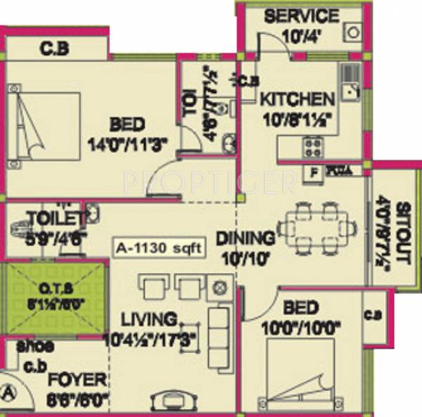 Vignesh Flats Apsaraa Floor Plan (2BHK+2T (1,130 sq ft) 1130 sq ft)