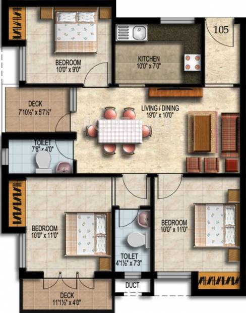 Sebco Property Green Woods Apartment Floor Plan (3BHK+2T (1,038 sq ft) 1038 sq ft)