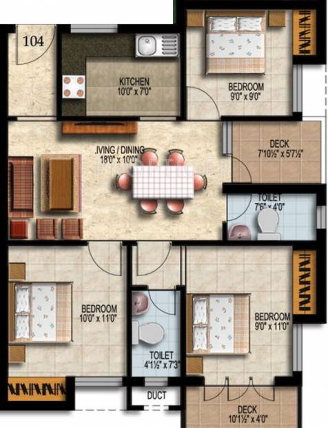 Sebco Property Green Woods Apartment Floor Plan (3BHK+2T (997 sq ft) 997 sq ft)