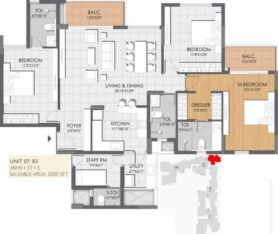 DNR Reflection (3BHK+3T (2,000 sq ft) + Servant Room 2000 sq ft)