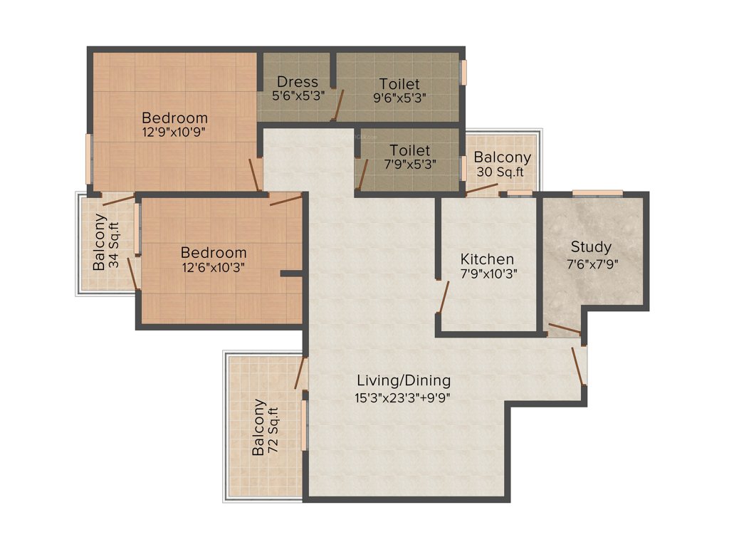 Vipul Gardens (2BHK+2T (1,370 sq ft)   Study Room 1370 sq ft)