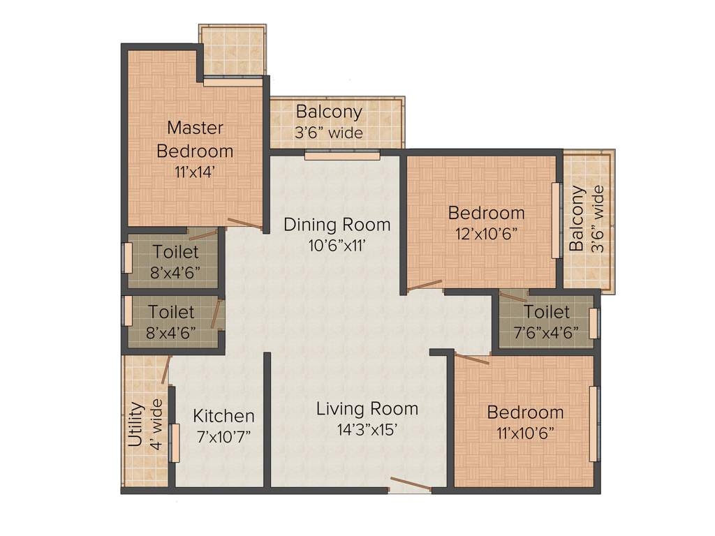 Dwarakamai Jupiter 3BHK+3T (1,450 sq ft)
