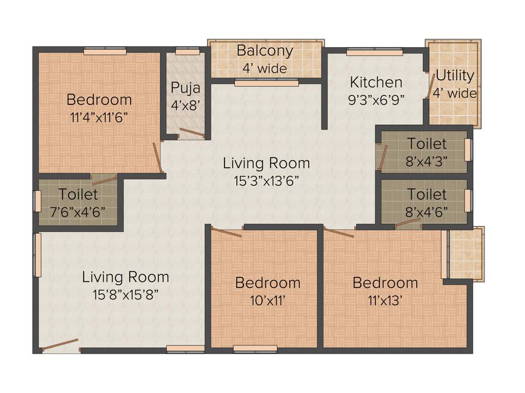 Dwarakamai Jupiter 3BHK+3T (1,485 sq ft)