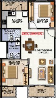 966 sq ft 2 BHK Floor Plan Image - AC M Lord Available for sale