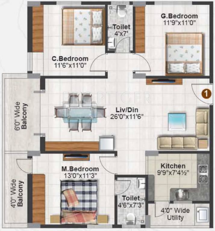 Pruthvi Raintree Abode (3BHK+2T (1,395 sq ft) 1395 sq ft)