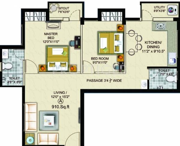 Floor Plan (2BHK+2T (910 sq ft) 910 sq ft) Afraz Residency Floor Plan (2BHK+2T (910 sq ft) 910 sq ft)