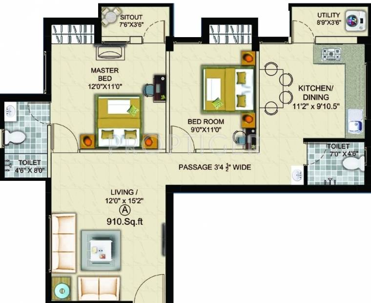 Afraz Residency Floor Plan (2BHK+2T (910 sq ft) 910 sq ft)