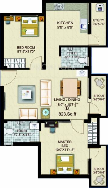 Afraz Residency Floor Plan (2BHK+2T (823 sq ft) 823 sq ft)