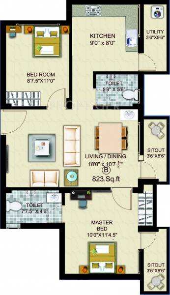 Floor Plan (2BHK+2T (823 sq ft) 823 sq ft) Afraz Residency Floor Plan (2BHK+2T (823 sq ft) 823 sq ft)