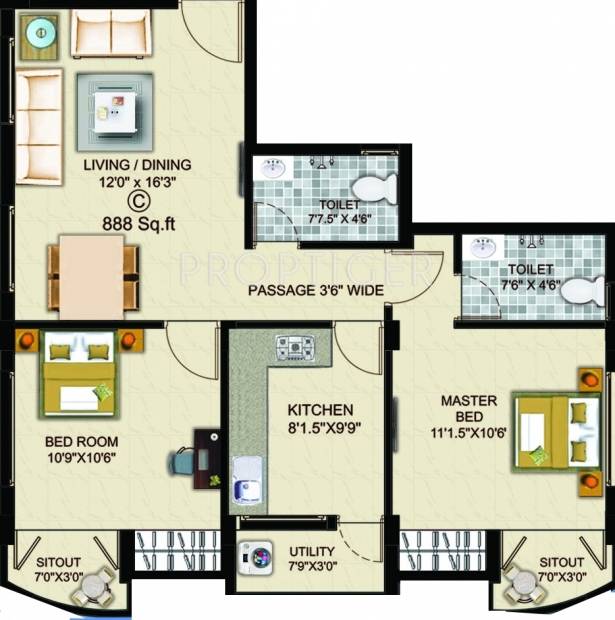 Afraz Residency Floor Plan (2BHK+2T (888 sq ft) 888 sq ft)