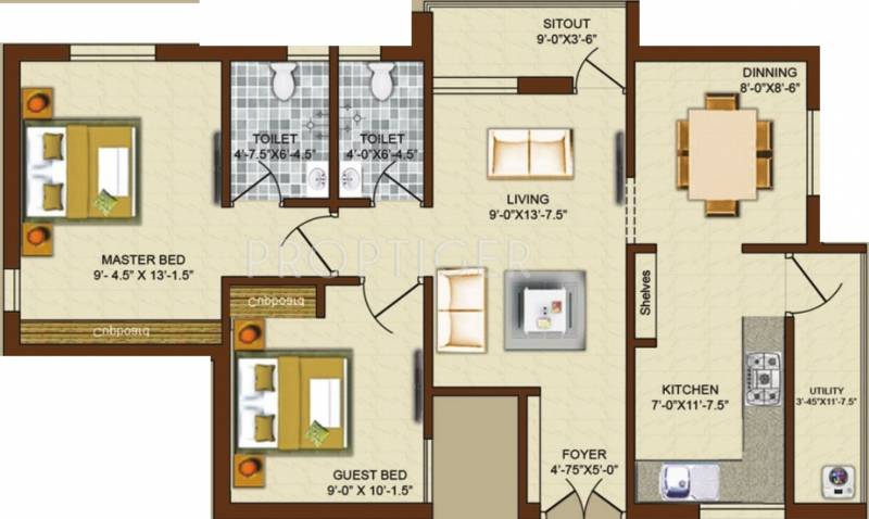 Afraz Shelter Floor Plan (2BHK+2T (876 sq ft) 876 sq ft)
