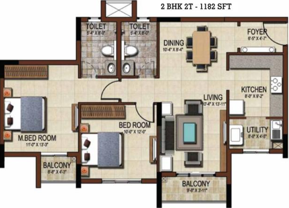 Salarpuria Sattva East Crest (2BHK+2T (1,182 sq ft) 1182 sq ft)