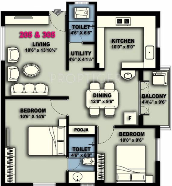 CS Metro Village Floor Plan (2BHK+2T (978 sq ft) 978 sq ft)
