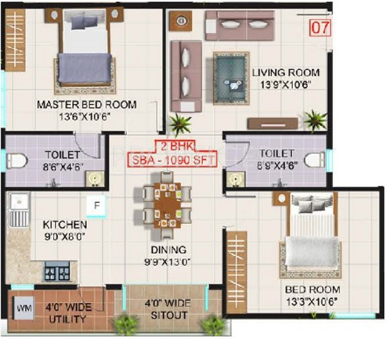 Sadhguru Sai Palace (2BHK+2T (1,090 sq ft) 1090 sq ft)