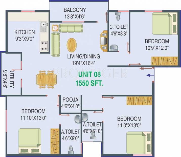 Dhanush Grands Apartment (3BHK+3T (1,550 sq ft)   Pooja Room 1550 sq ft)