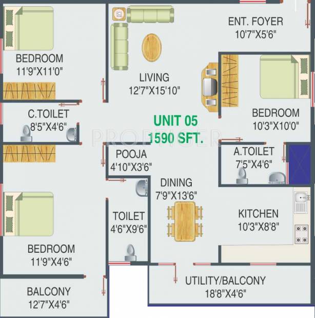 Dhanush Grands Apartment (3BHK+3T (1,590 sq ft)   Pooja Room 1590 sq ft)