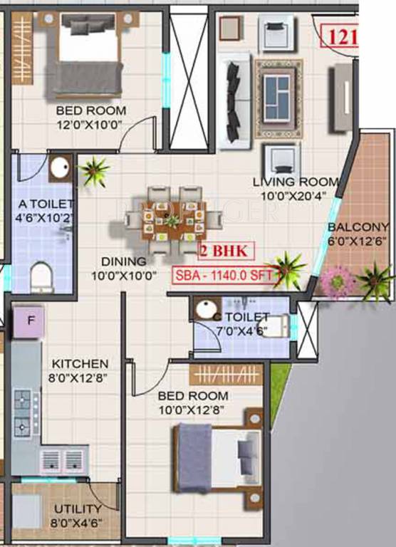 Sri Dwaraka Trinity Residency (2BHK+2T (1,140 sq ft) 1140 sq ft)