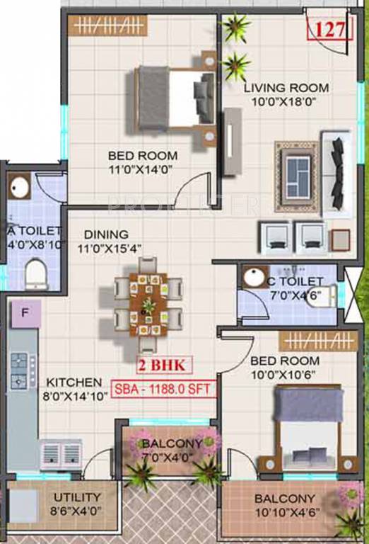 Sri Dwaraka Trinity Residency (2BHK+2T (1,188 sq ft) 1188 sq ft)