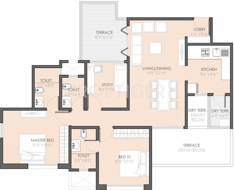 Adi The Address (2BHK+3T (1,223 sq ft)   Study Room 1223 sq ft)