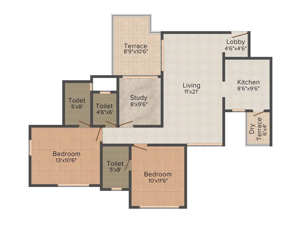 Adi The Address (2BHK+3T (1,235 sq ft)   Study Room 1235 sq ft)
