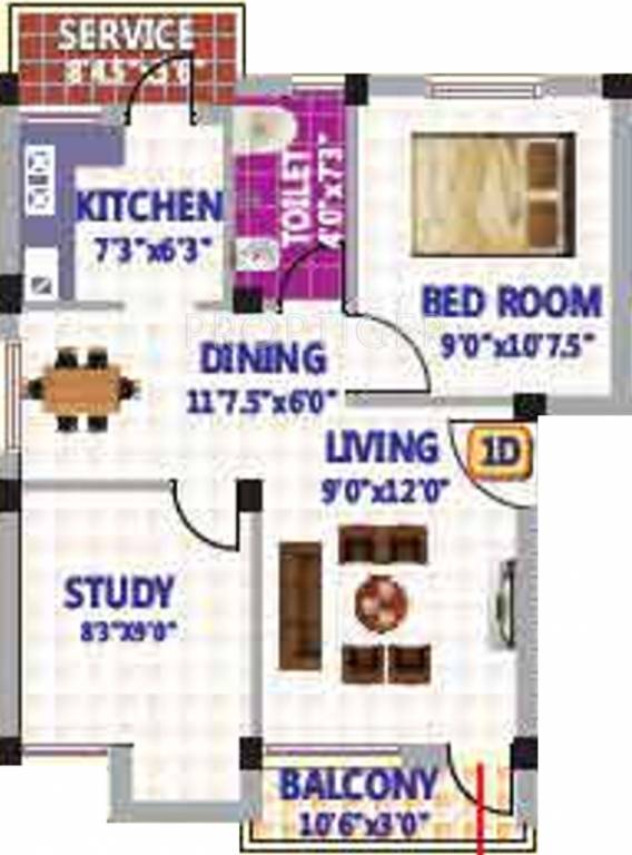 SRK Sri Dwaraha Cascade Floor Plan (1BHK+1T (680 sq ft) + Study Room 680 sq ft)