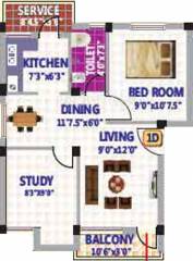 Floor Plan (1BHK+1T (680 sq ft) + Study Room 680 sq ft) SRK Sri Dwaraha Cascade Floor Plan (1BHK+1T (680 sq ft) + Study Room 680 sq ft)