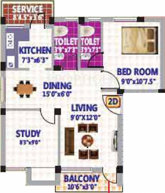 SRK Sri Dwaraha Cascade Floor Plan (1BHK+2T (735 sq ft) + Study Room 735 sq ft)