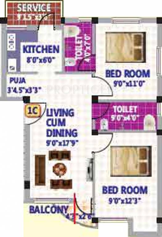 SRK Sri Dwaraha Cascade Floor Plan (2BHK+2T (770 sq ft) 770 sq ft)