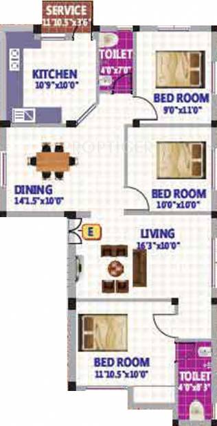 SRK Aanandham Enclave Floor Plan (3BHK+2T (1,195 sq ft) 1195 sq ft)