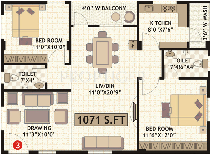 Amrutha Laxmi Residency Floor Plan (2BHK+2T (1,071 sq ft) 1071 sq ft)
