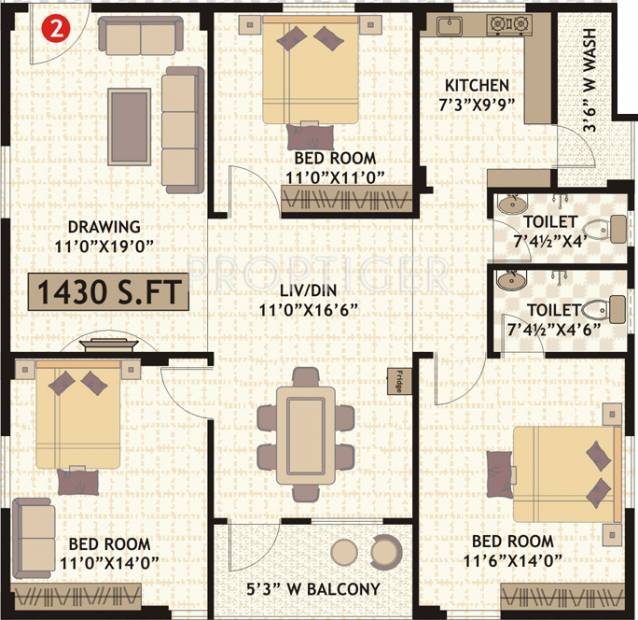 Amrutha Laxmi Residency Floor Plan (3BHK+2T (1,430 sq ft) 1430 sq ft)