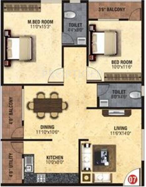 Amrutha Avenue 2 (2BHK+2T (1,116 sq ft) 1116 sq ft)