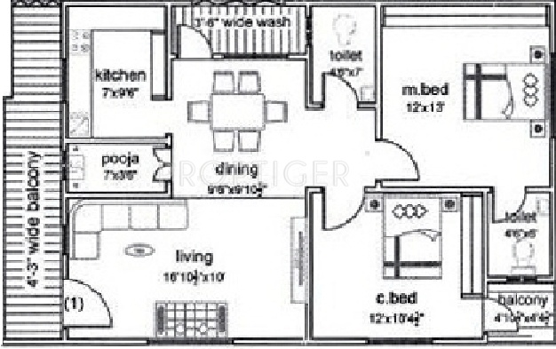 KSR Constructions Sri Jaya Prestige Floor Plan (2BHK+2T (1,200 sq ft) + Pooja Room 1200 sq ft)