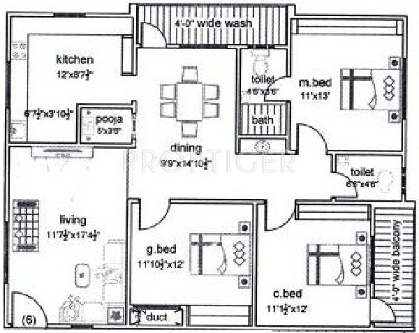 KSR Constructions Sri Jaya Prestige Floor Plan (3BHK+2T (1,555 sq ft) + Pooja Room 1555 sq ft)