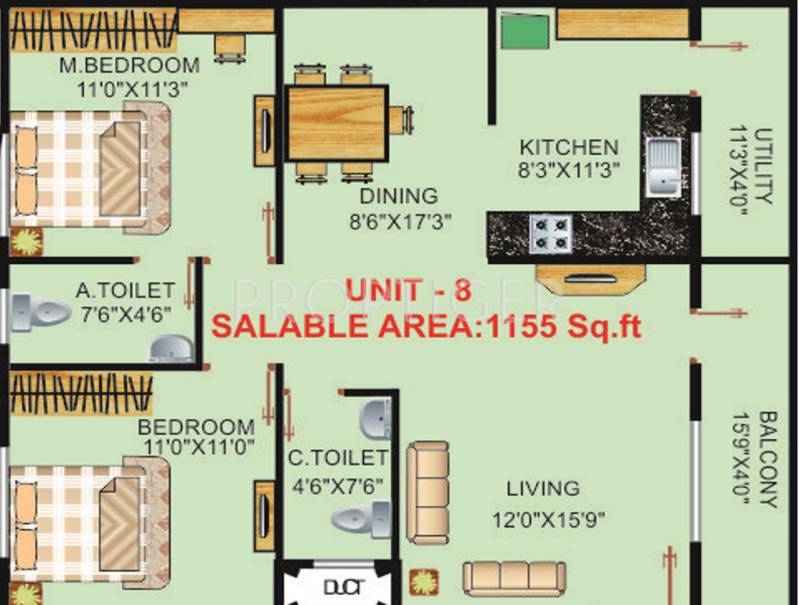 i1 SS Elizaa Floor Plan (2BHK+2T (1,155 sq ft) 1155 sq ft)