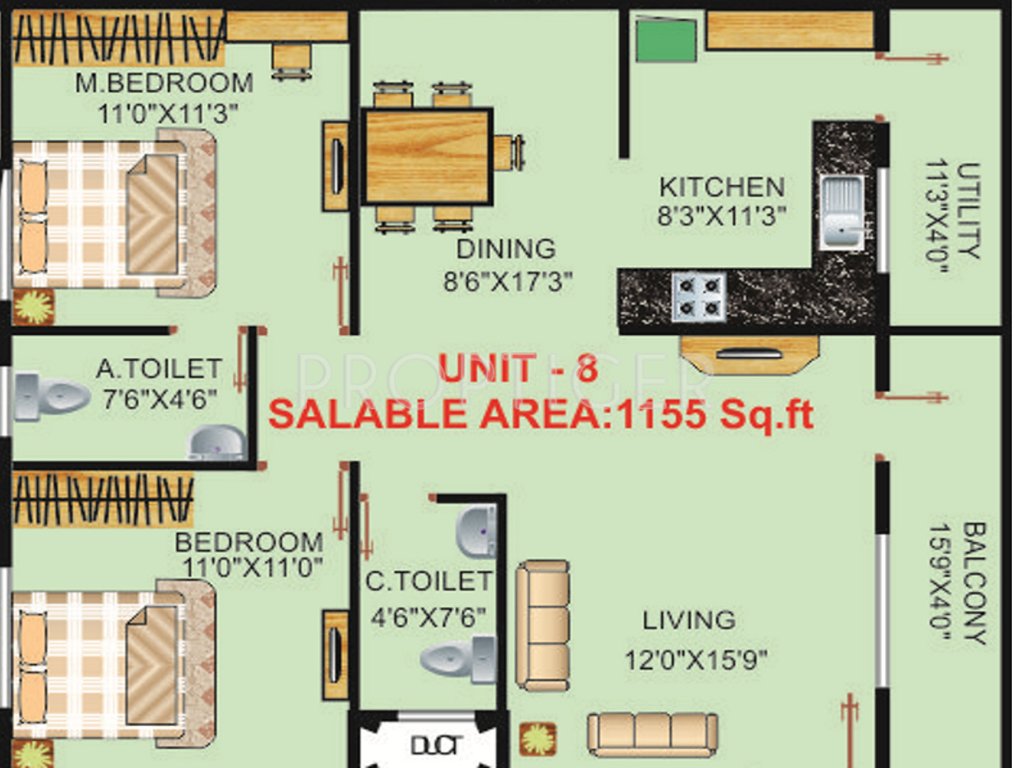 i1 SS Elizaa Floor Plan (2BHK+2T (1,155 sq ft) 1155 sq ft)