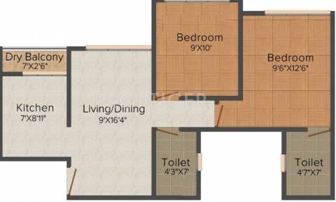 942 sq ft 2 BHK Floor Plan Image - Naskar Land Developer City Of Joy  Available for sale 