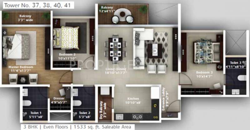 Amanora Amanora Adreno Towers (3BHK+3T (1,533 sq ft) 1533 sq ft)