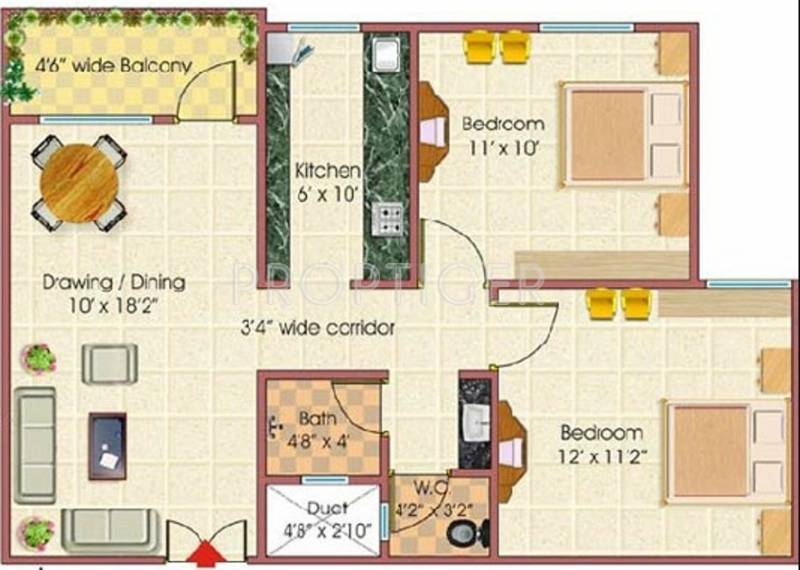 Rai Homes Universal Royal Park City Apartment Floor Plan (2BHK+1T (690 sq ft) 690 sq ft)