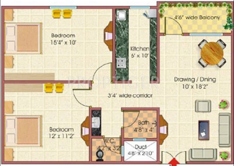 Rai Homes Universal Royal Park City Apartment Floor Plan (2BHK+1T (735 sq ft) 735 sq ft)