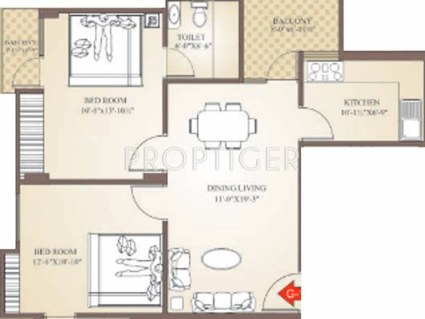 Balaji Dham Narayan Dham Residency Floor Plan (2BHK+1T (950 sq ft) 950 sq ft)