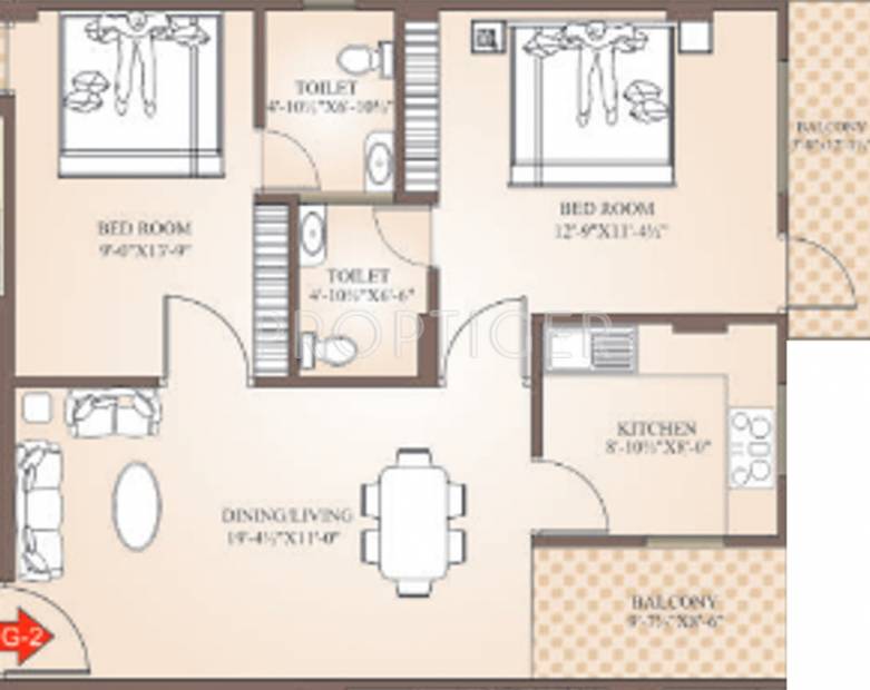 Balaji Dham Narayan Dham Residency Floor Plan (2BHK+2T (1,050 sq ft) 1050 sq ft)